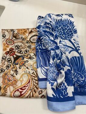Pair of Patterned Silk-like Scarves - Blue Floral & Multicolor Paisley